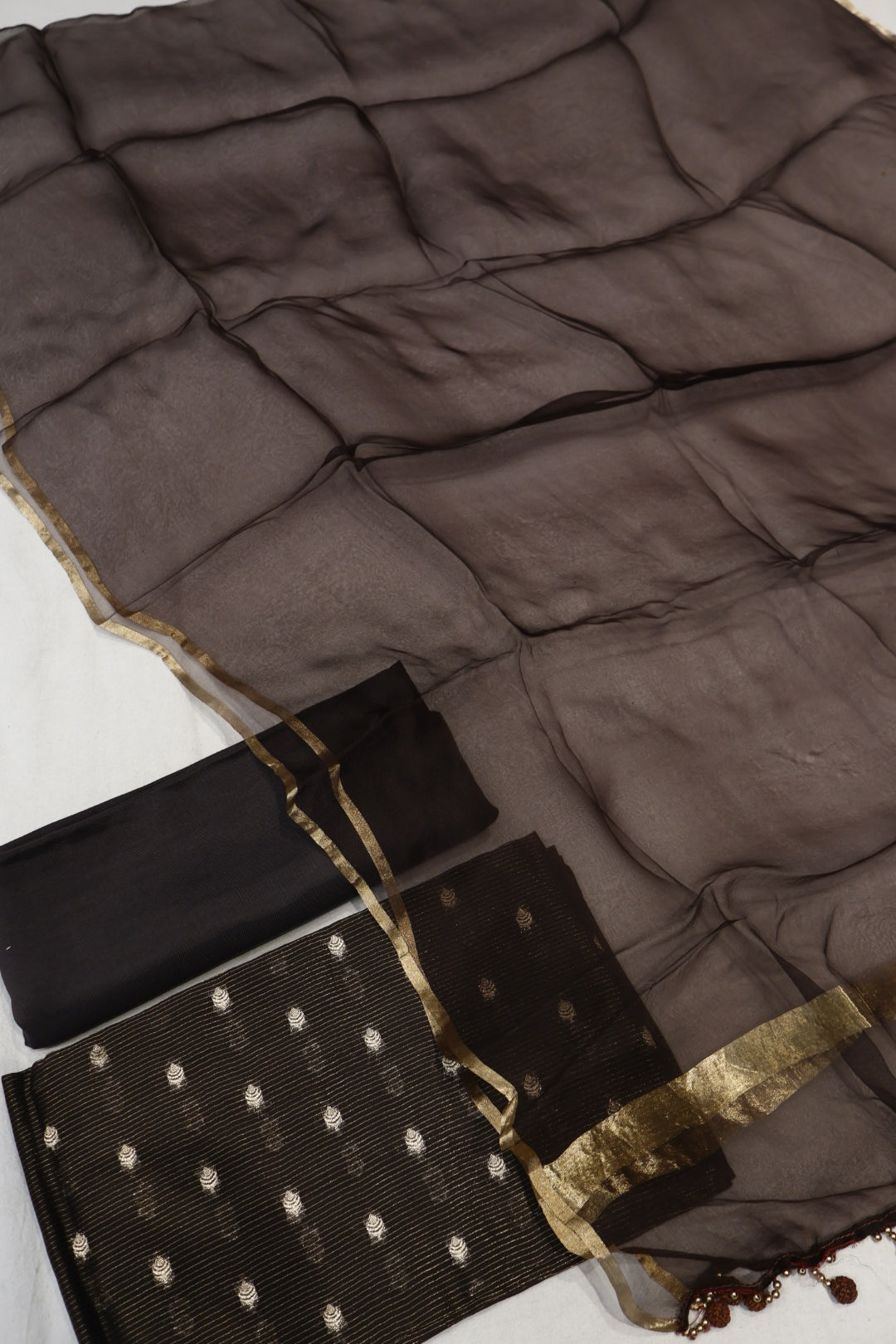 Black Pure Chanderi Silk Woven Unstitched Suit Set With Pure Organza Dupatta The Banarasee Aura