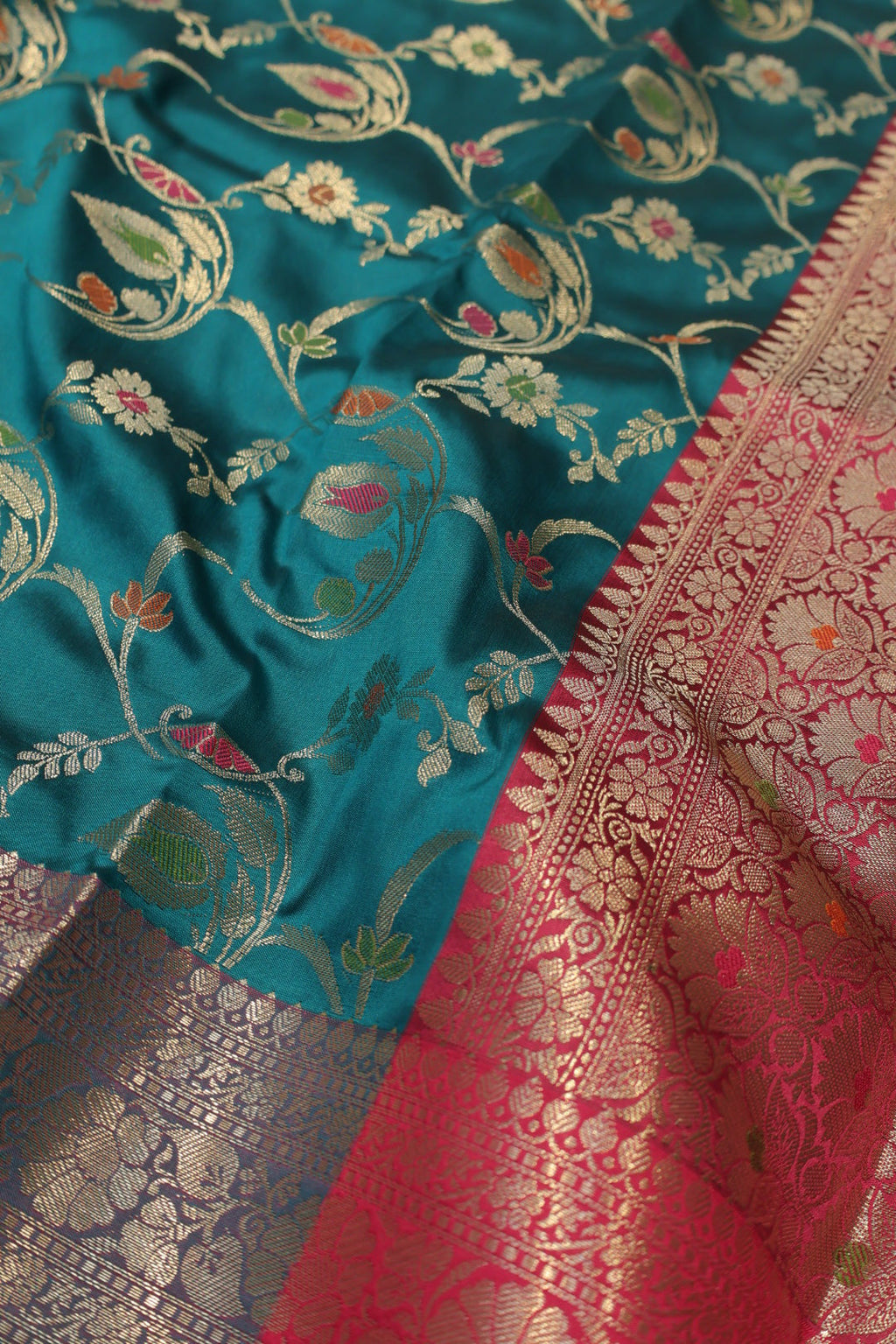Teal Blue Banarasi Katan Silk Golden Zari with Tilfi Meenakari Weaved Saree With Blouse The Banarasee Aura