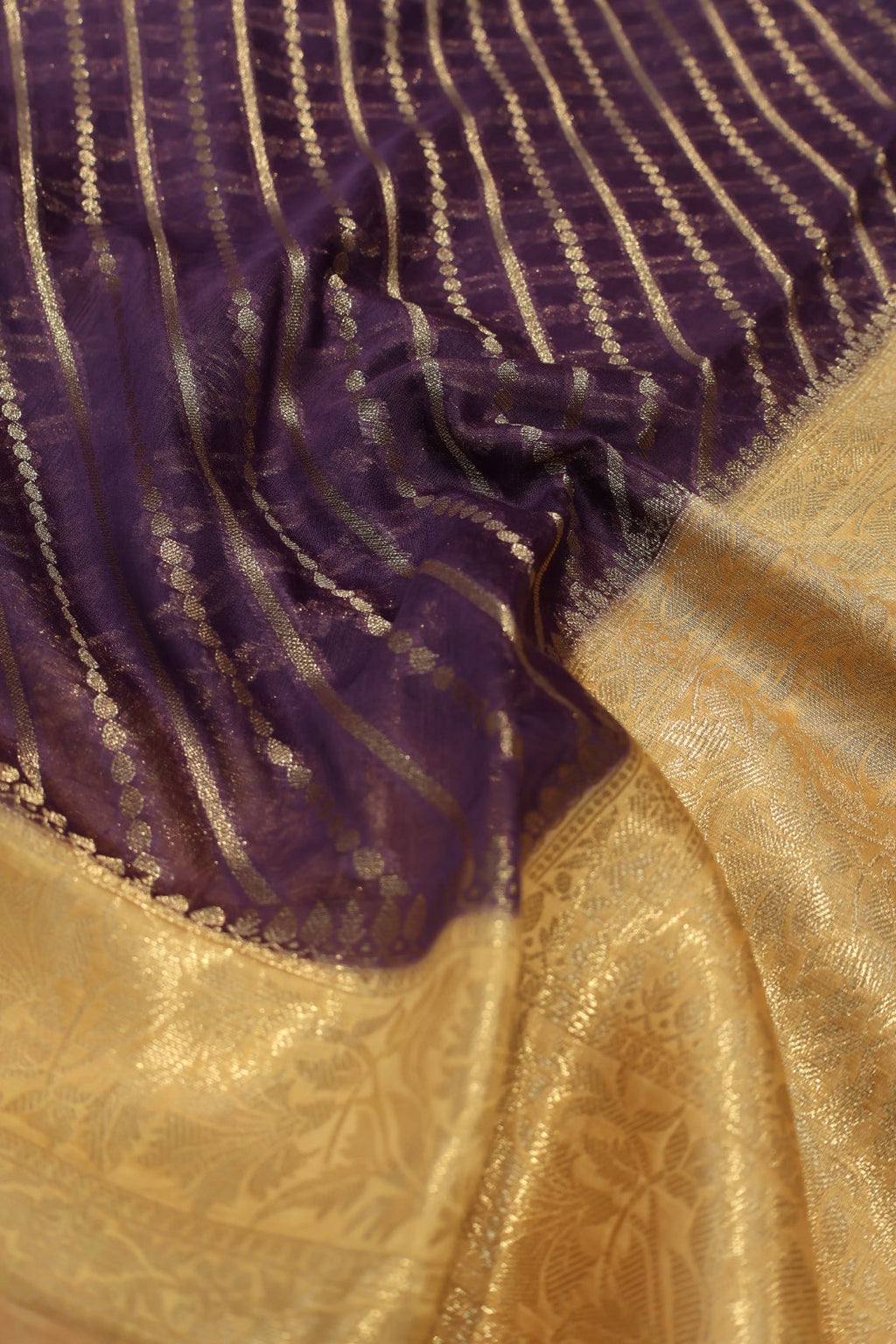 Purple Pure Mal Chanderi Banarasi Golden Zari Weaved Saree With Blouse The Banarasee Aura