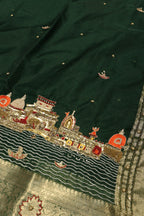 Bottle Green Banarasi Kora Silk Hand Embroidered Banarasi Ghat Saree Without Blouse The Banarasee Aura