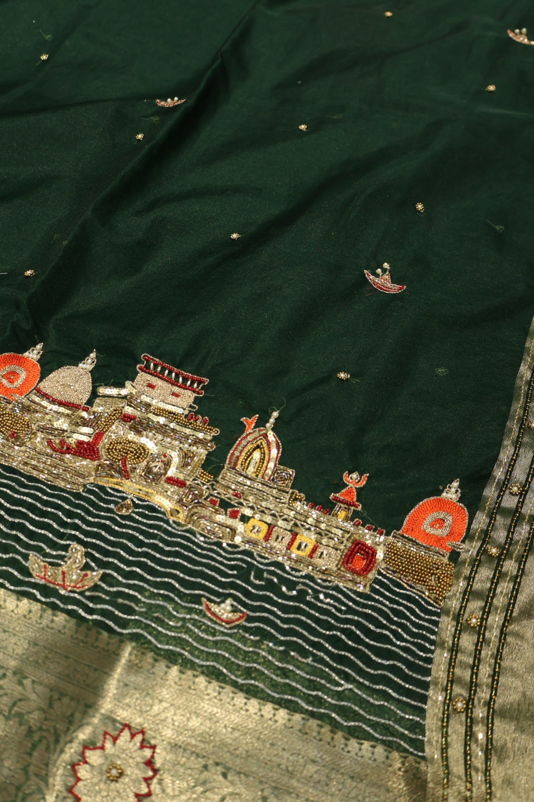 Bottle Green Banarasi Kora Silk Hand Embroidered Banarasi Ghat Saree Without Blouse The Banarasee Aura