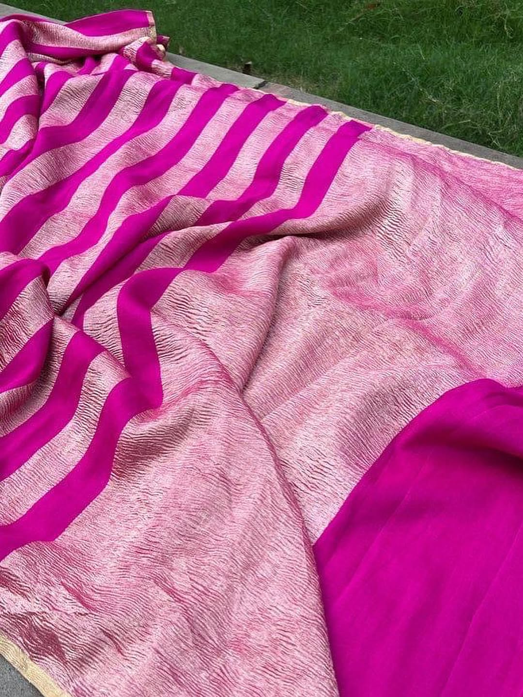 Fuchsia Pink Pure Moonga Tissue Banarasi Saree With Crushed Tissue Blouse The Banarasee Aura