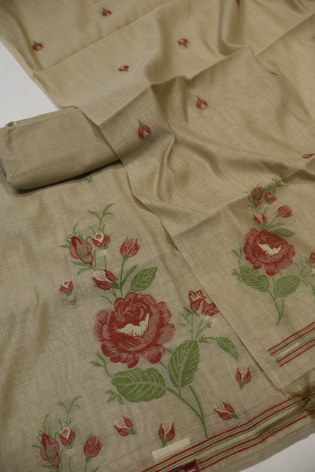 Beige Banarasi Chanderi Silk Blend Jamdani Woven Unstitched Suit Set With Chanderi Woven Dupatta The Banarasee Aura