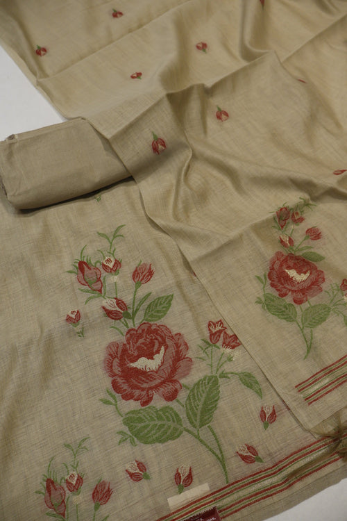 Beige Banarasi Chanderi Silk Blend Jamdani Woven Unstitched Suit Set With Chanderi Woven Dupatta The Banarasee Aura
