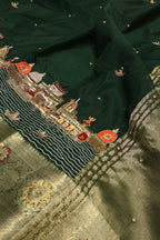 Bottle Green Banarasi Kora Silk Hand Embroidered Banarasi Ghat Saree Without Blouse The Banarasee Aura