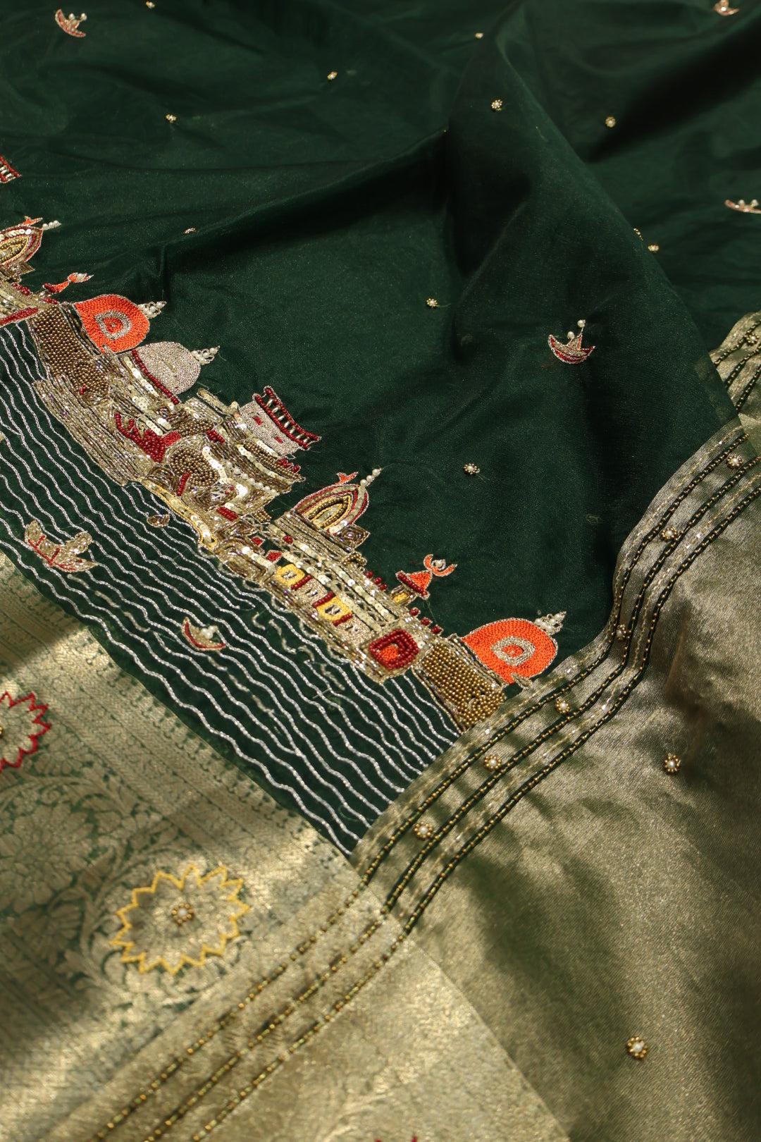 Bottle Green Banarasi Kora Silk Hand Embroidered Banarasi Ghat Saree Without Blouse The Banarasee Aura