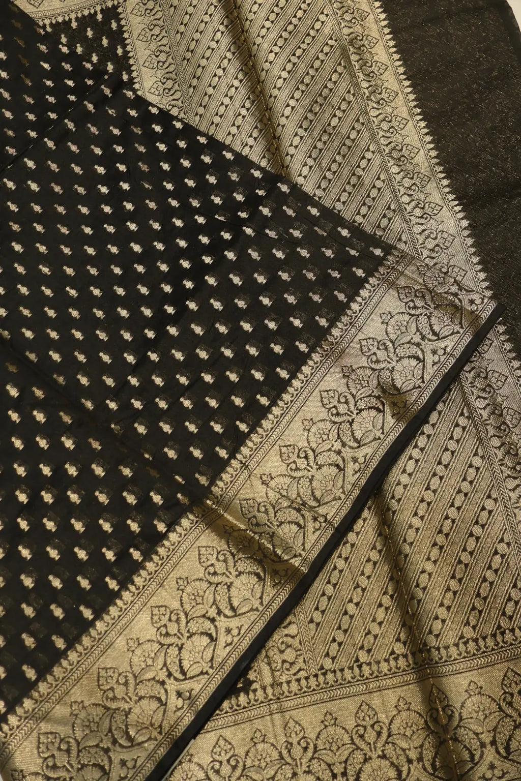 Black Chanderi Silk Banarasi Zari Weaved Saree With Blouse The Banarasee Aura