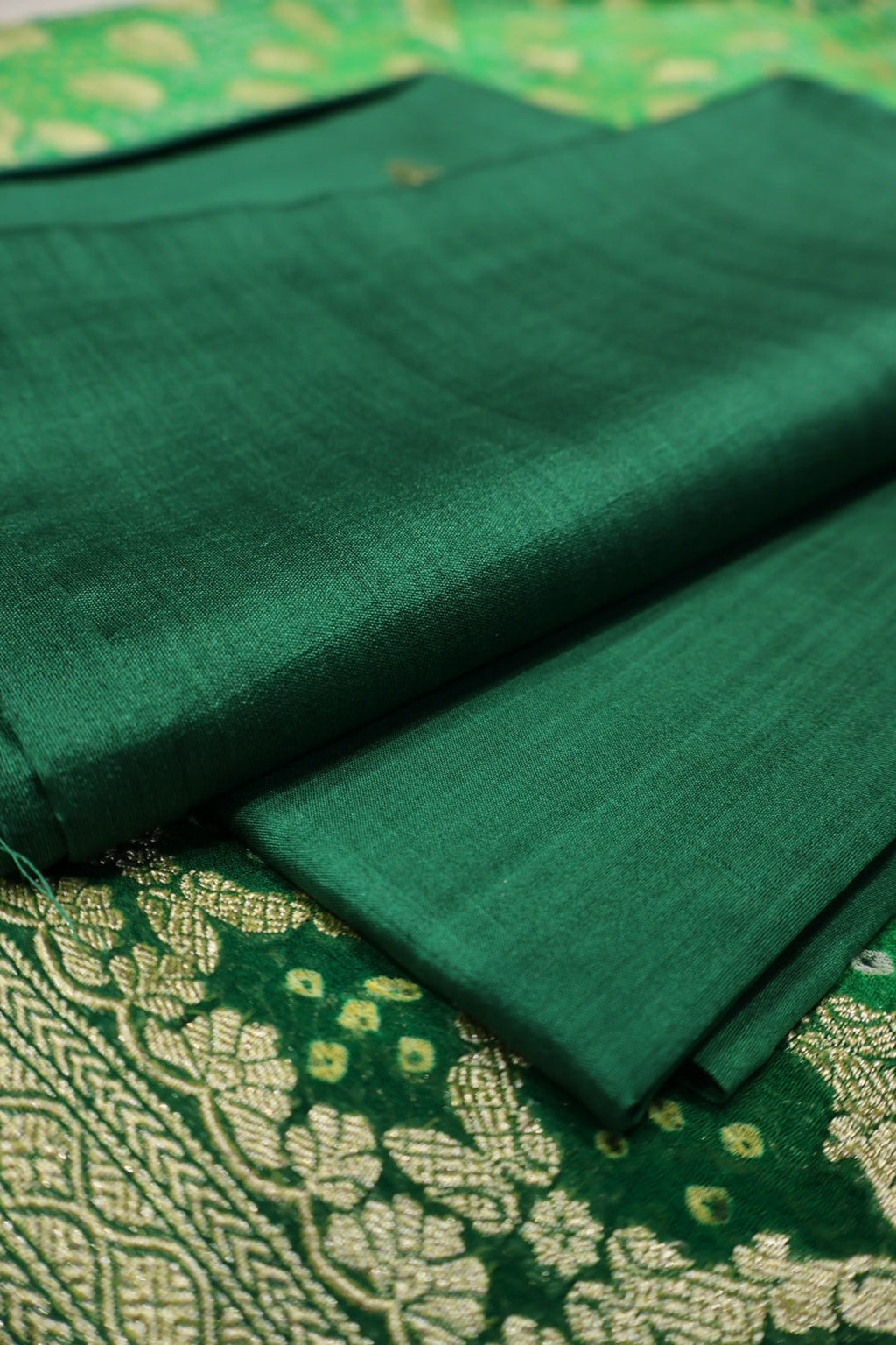Bottle Green Pure Banarasi Chiniyal Silk Unstitched Suit Set With Pure Khadi Georgette Bandhej Dupatta The Banarasee Aura