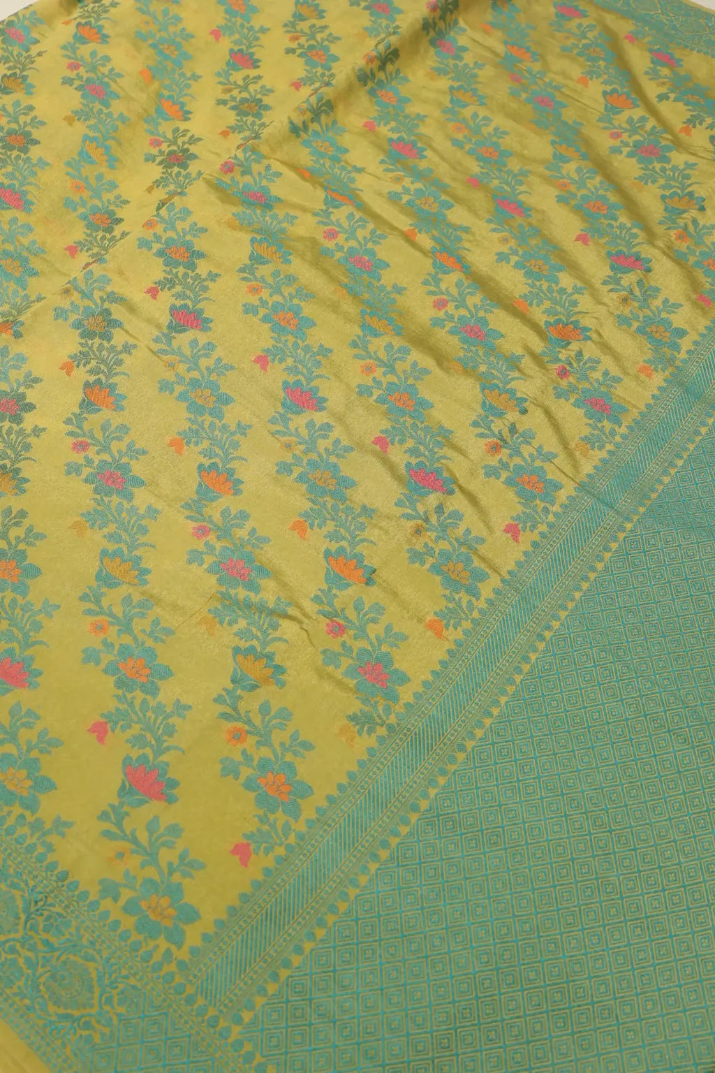 Mehendi Green Russian Silk Banarasi Resham Zari Tilfi Meenakari Weaved Saree With Blouse The Banarasee Aura