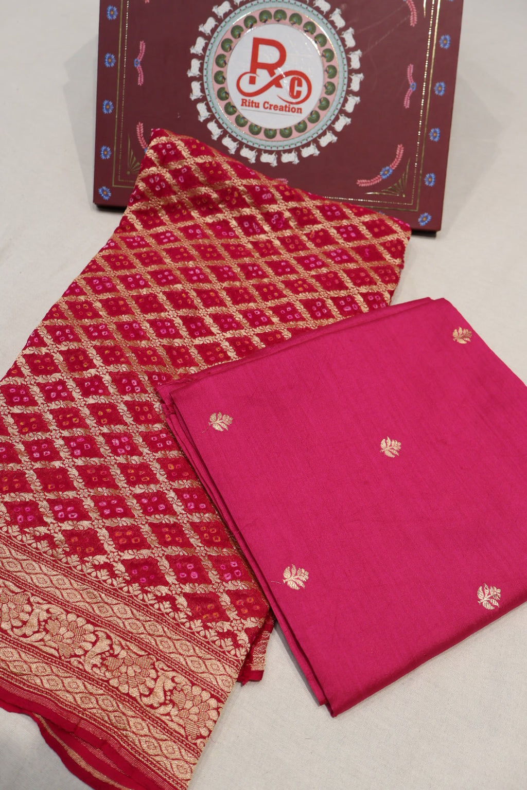 Rani Pink Pure Banarasi Chiniyal Silk Unstitched Suit Set With Pure Khadi Georgette Bandhej Dupatta The Banarasee Aura