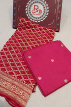 Rani Pink Pure Banarasi Chiniyal Silk Unstitched Suit Set With Pure Khadi Georgette Bandhej Dupatta The Banarasee Aura