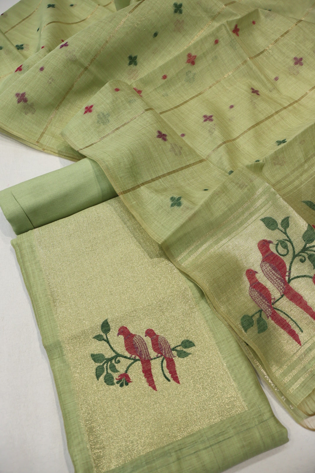 Green Banarasi Chanderi Silk Blend Jamdani Woven Unstitched Suit Set With Chanderi Woven Dupatta The Banarasee Aura