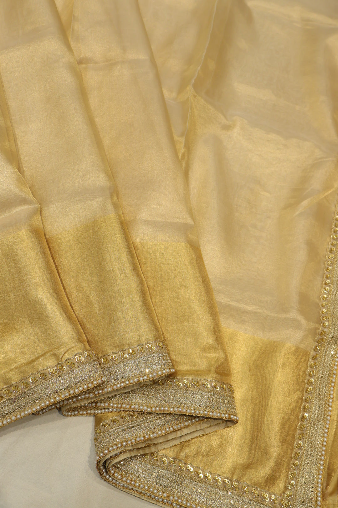 Beige Pure Banarasi Tissue Silk Saree With Pure Tissue Stripes Blouse The Banarasee Aura