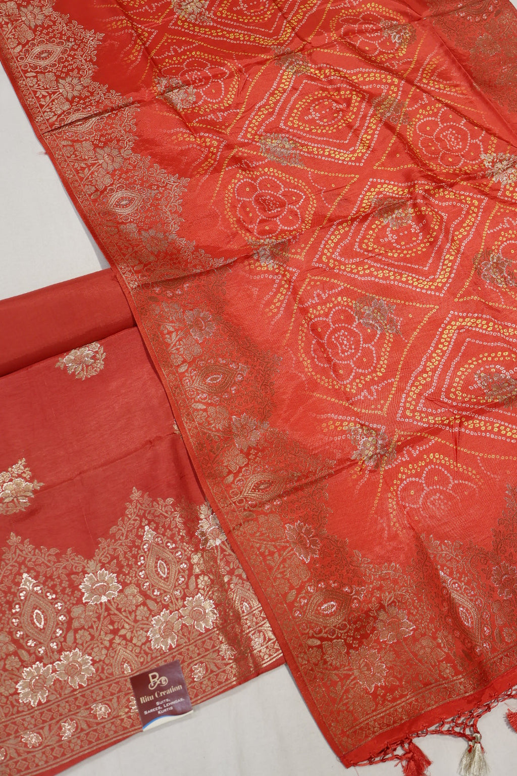 Cherry Red Banarasi Dola Silk Woven Unstitched Suit Set With Dola Silk Bandhani Printed Woven Dupatta The Banarasee Aura