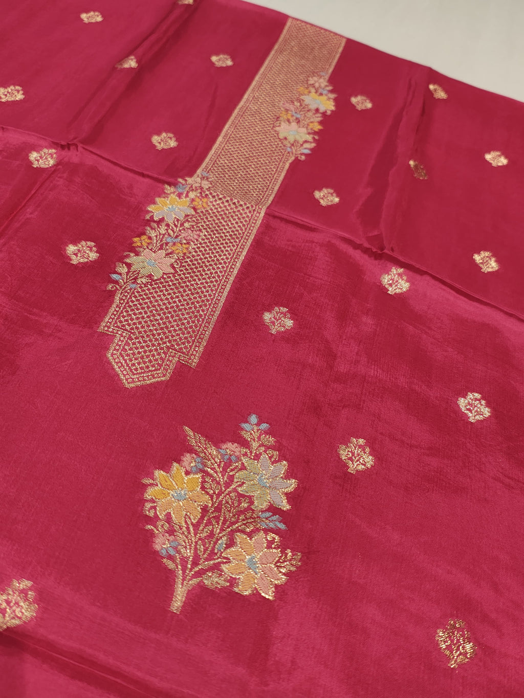 Rani Pink Banarasi Satin Silk Blend Meenakri Woven Unstitched Suit Set With Satin Silk Blend Meenakari Woven Dupatta The Banarasee Aura