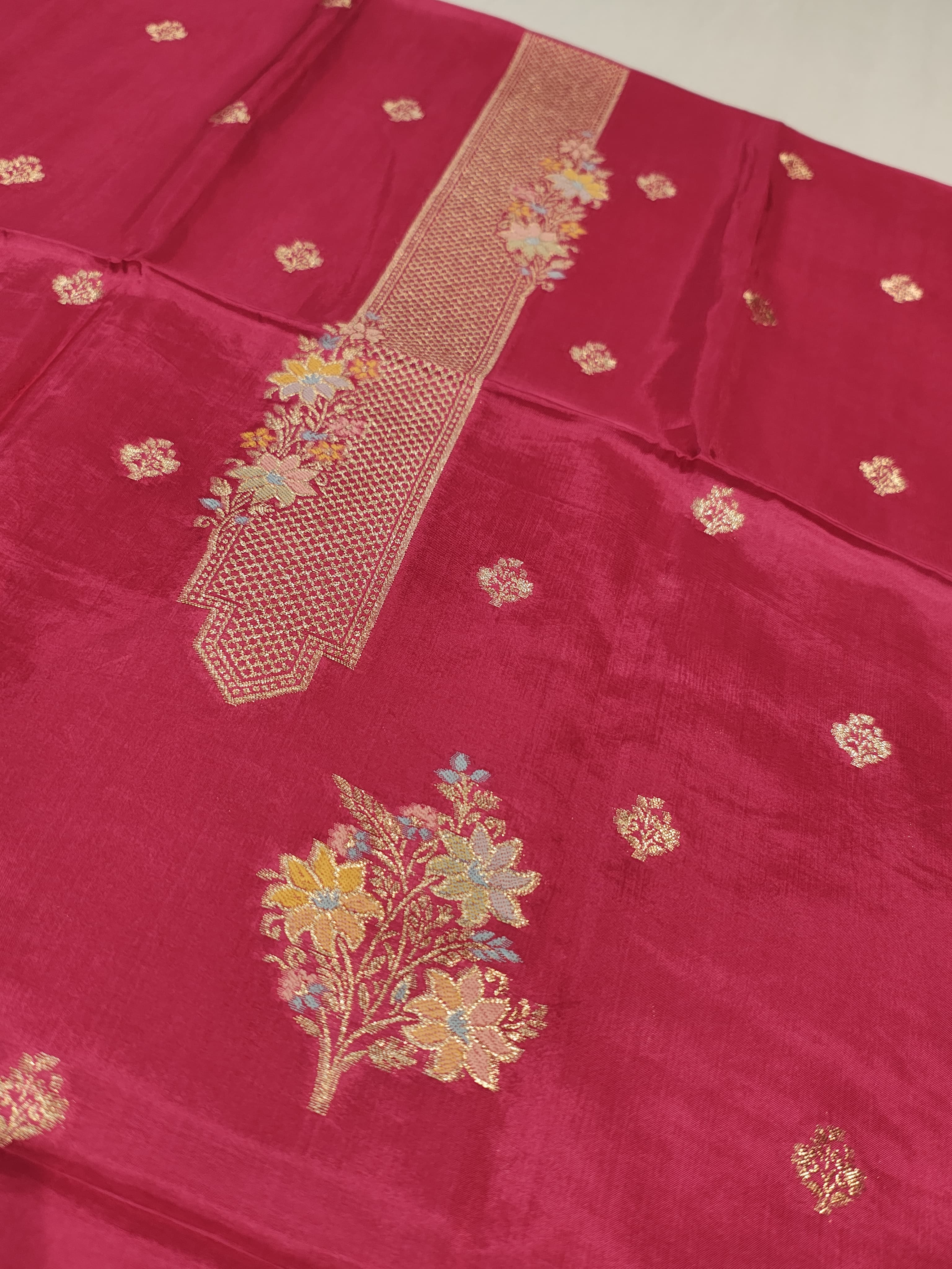 Rani Pink Banarasi Satin Silk Blend Meenakri Woven Unstitched Suit Set With Satin Silk Blend Meenakari Woven Dupatta The Banarasee Aura