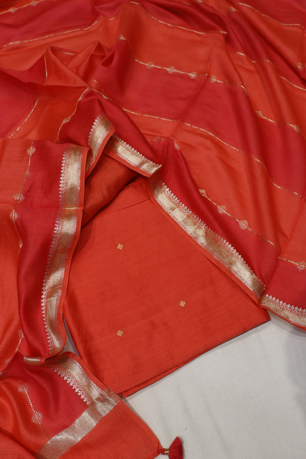 Red Orange Banarasi Pure Chiniya Silk Kadhwa Woven Unstitched Suit Set With Pure Chiniya Silk Woven Rangkat Dupatta The Banarasee Aura