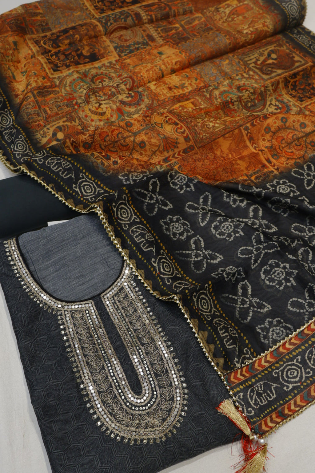 Black Chanderi Embroidered Unstitched Suit Set With Chanderi Digital Printed Dupatta The Banarasee Aura