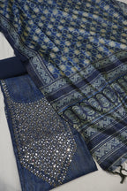Midnight Blue Chanderi Printed and Embroidered Unstitched Suit Set With Chanderi Digital Printed Dupatta The Banarasee Aura