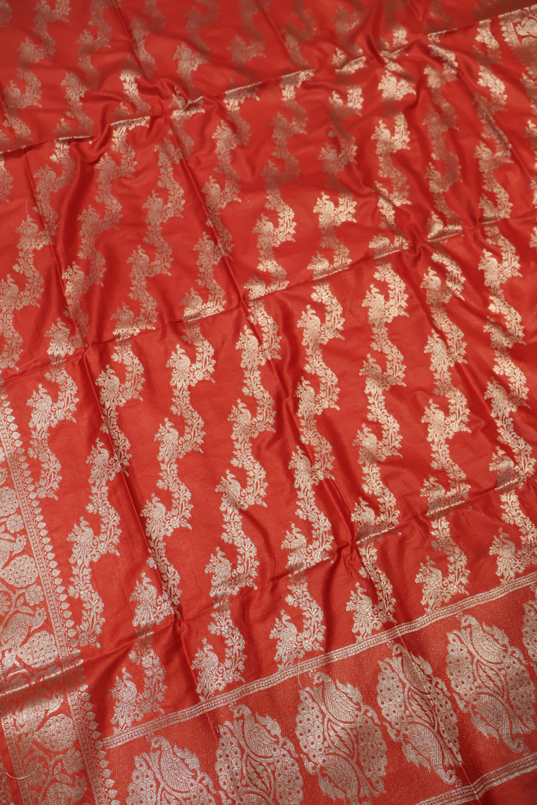 Red Katan Silk Shikargah Woven Unstitched Banarasi Suit Set The Banarasee Aura