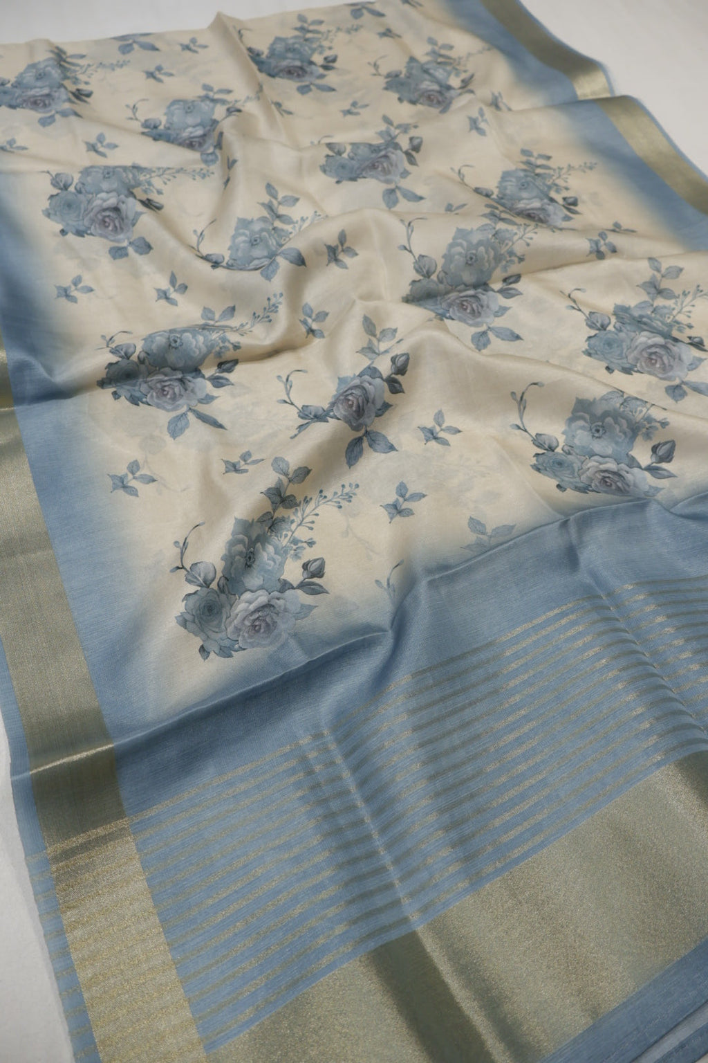 Dusty Steel Blue Embroidered Unstitched Suit Set With Chanderi Digital Printed Dupatta The Banarasee Aura