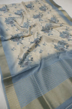 Dusty Steel Blue Embroidered Unstitched Suit Set With Chanderi Digital Printed Dupatta The Banarasee Aura