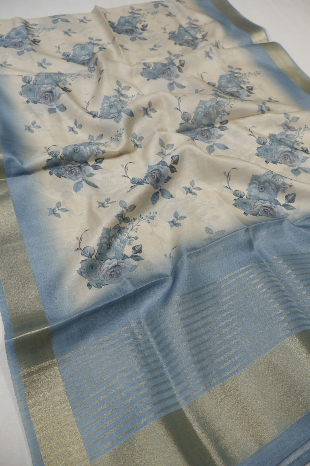 Dusty Steel Blue Embroidered Unstitched Suit Set With Chanderi Digital Printed Dupatta The Banarasee Aura