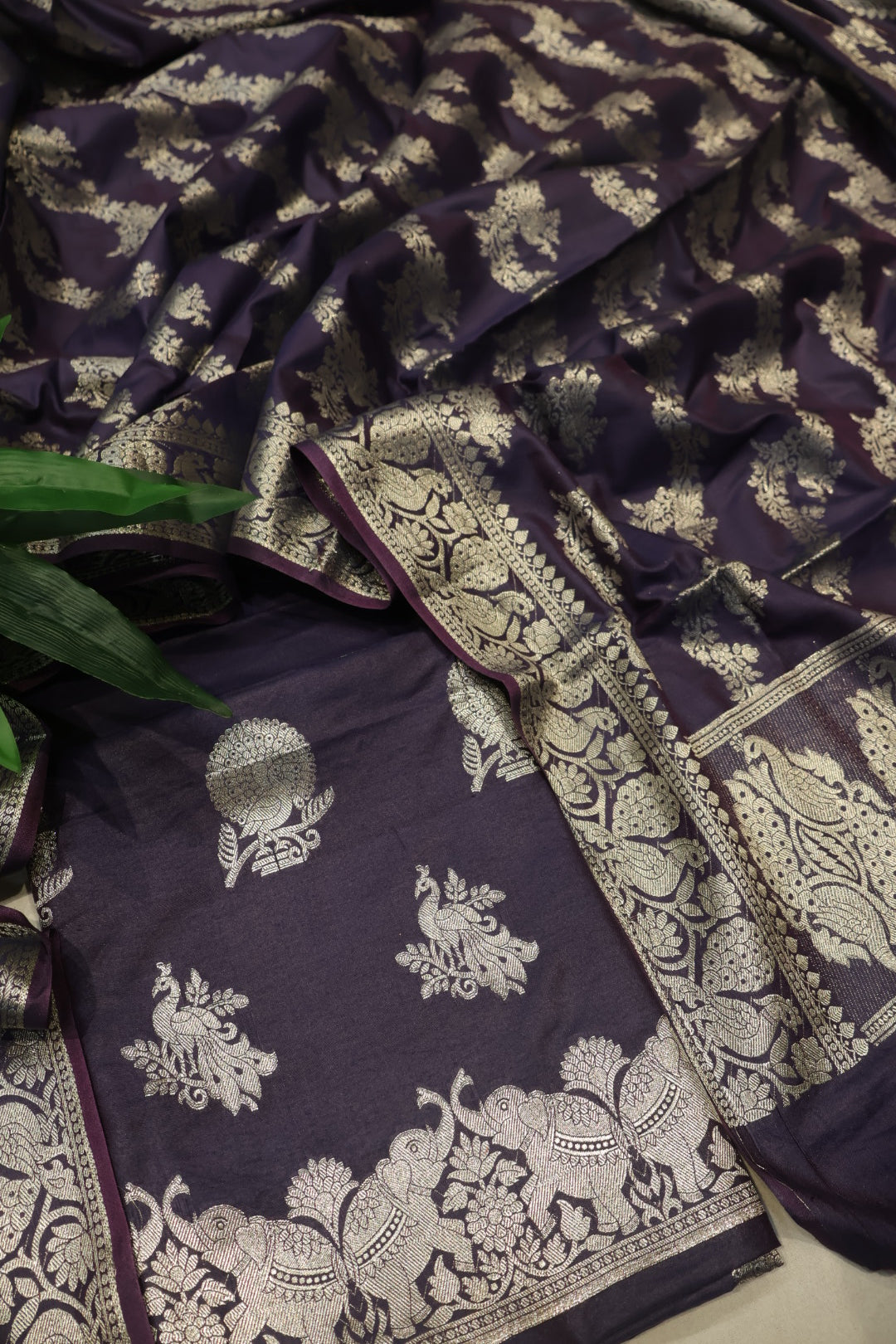 Royal Purple Katan Silk Shikargah Woven Unstitched Banarasi Suit Set The Banarasee Aura