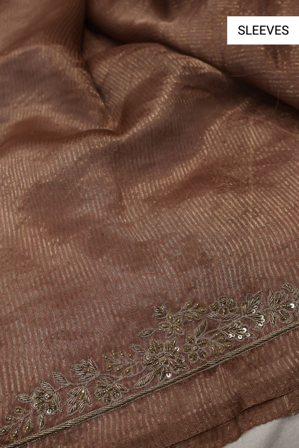 Rose Brown Banarasi Pure Tissue Stripes Hand Embroidered Unstitched Suit Set with Pure Organza Hand Embroidered Dupatta The Banarasee Aura