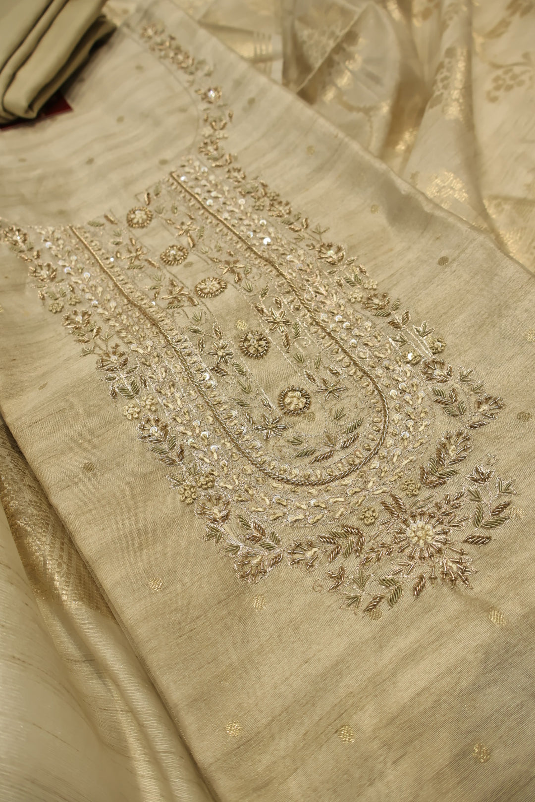 Beige Tussar Silk Hand Embroidered Unstitched Suit Set with Tussar Silk Woven Dupatta The Banarasee Aura