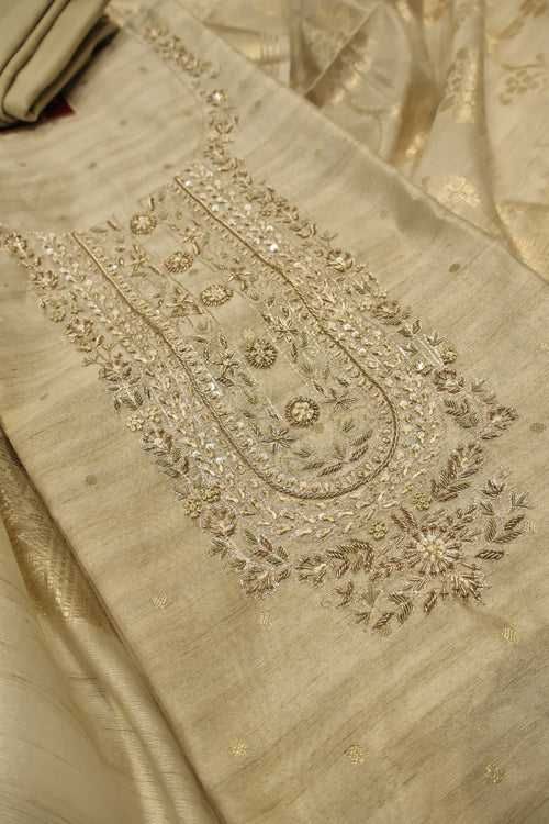 Beige Tussar Silk Hand Embroidered Unstitched Suit Set with Tussar Silk Woven Dupatta The Banarasee Aura