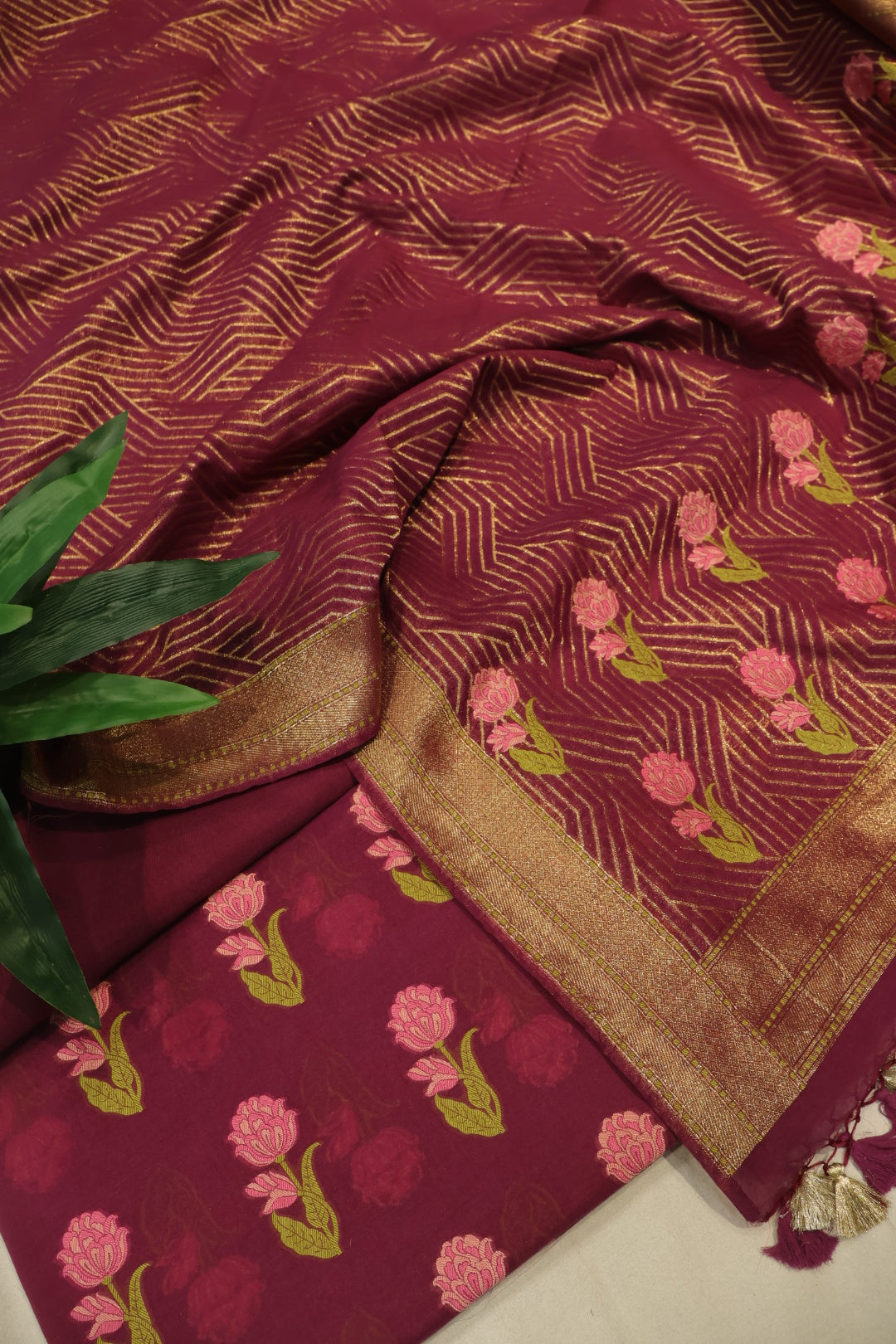 Wine Cotton Silk Meenakari Woven Unstitched Banarasi Suit Set The Banarasee Aura
