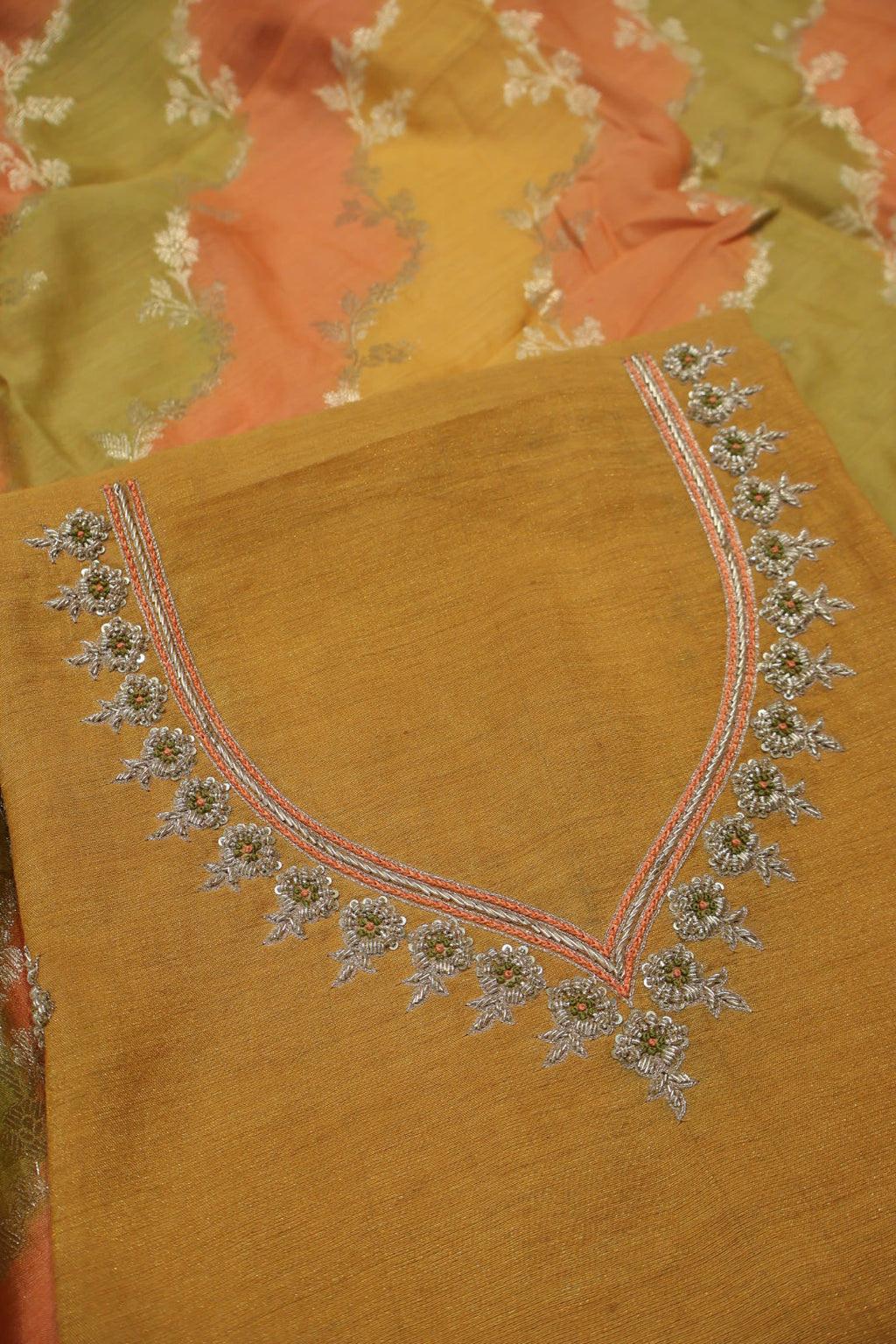 Mustard Banarasi Pure Moonga Tissue Silk Hand Embroidered Unstitched Suit Set with Pure Moonga Silk Rangkat Dupatta The Banarasee Aura