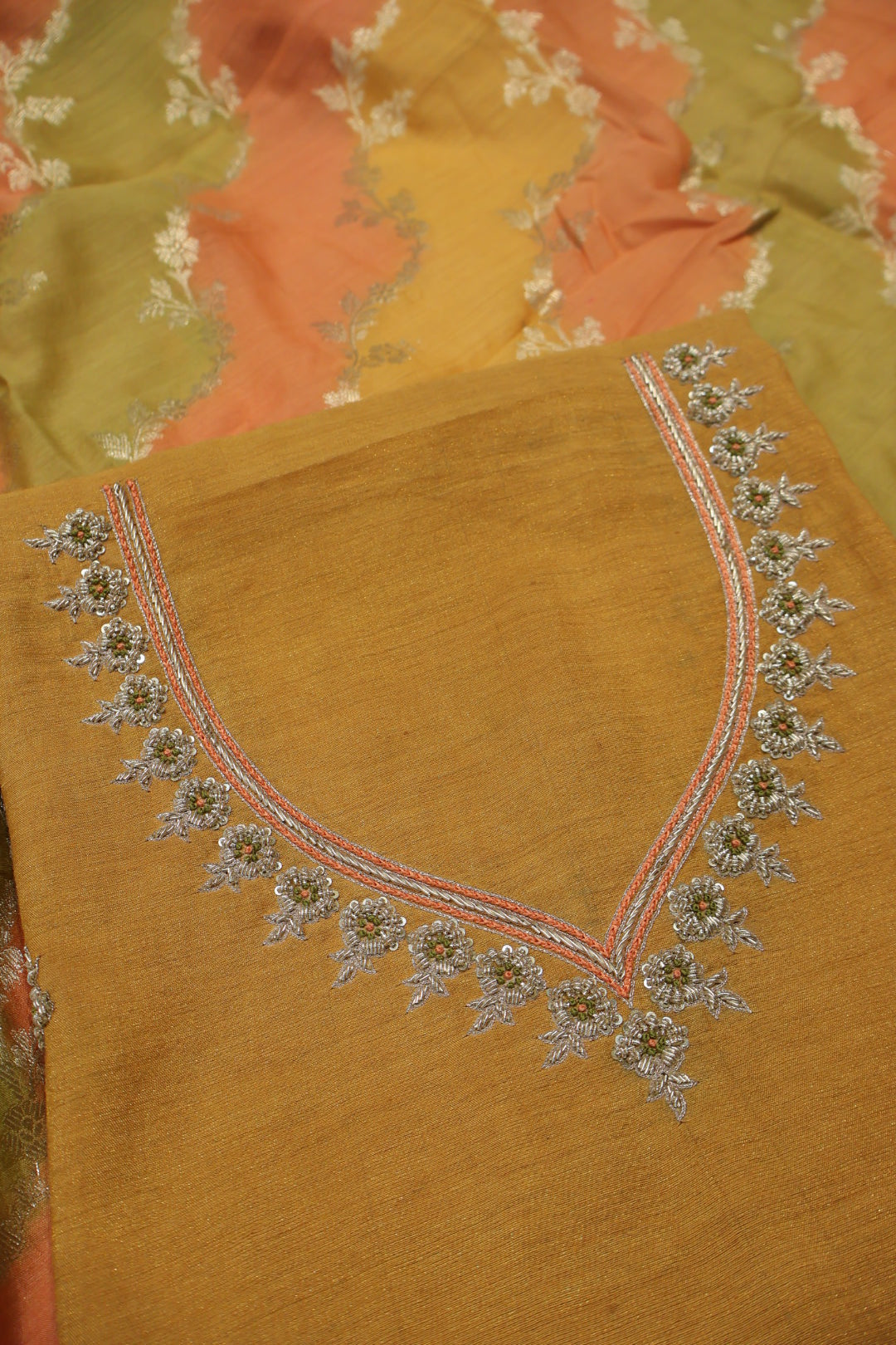 Mustard Banarasi Pure Moonga Tissue Silk Hand Embroidered Unstitched Suit Set with Pure Moonga Silk Rangkat Dupatta The Banarasee Aura