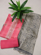 Pink Tussar Silk Printed and Embroidered Unstitched Suit Set With Tussar Silk Printed Dupatta The Banarasee Aura