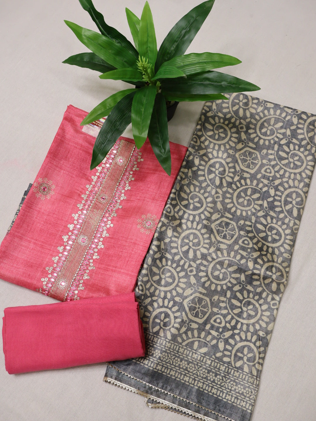Pink Tussar Silk Printed and Embroidered Unstitched Suit Set With Tussar Silk Printed Dupatta The Banarasee Aura