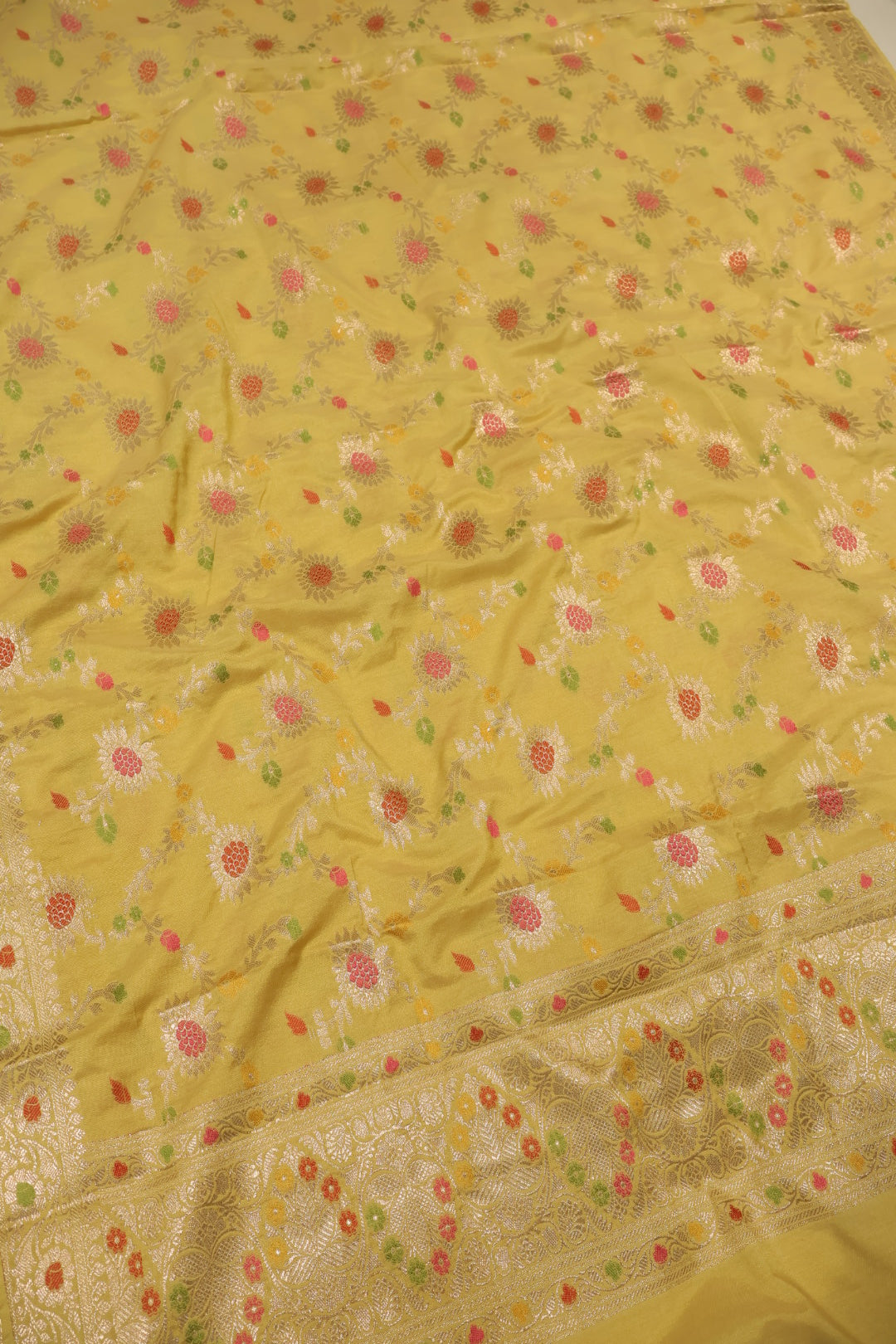 Yellow Satin Silk Tilfi Meenakari Woven Unstitched Banarasi Suit Set The Banarasee Aura
