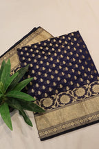 Navy Blue Chanderi Silk Banarasi Zari Weaved Saree With Blouse The Banarasee Aura
