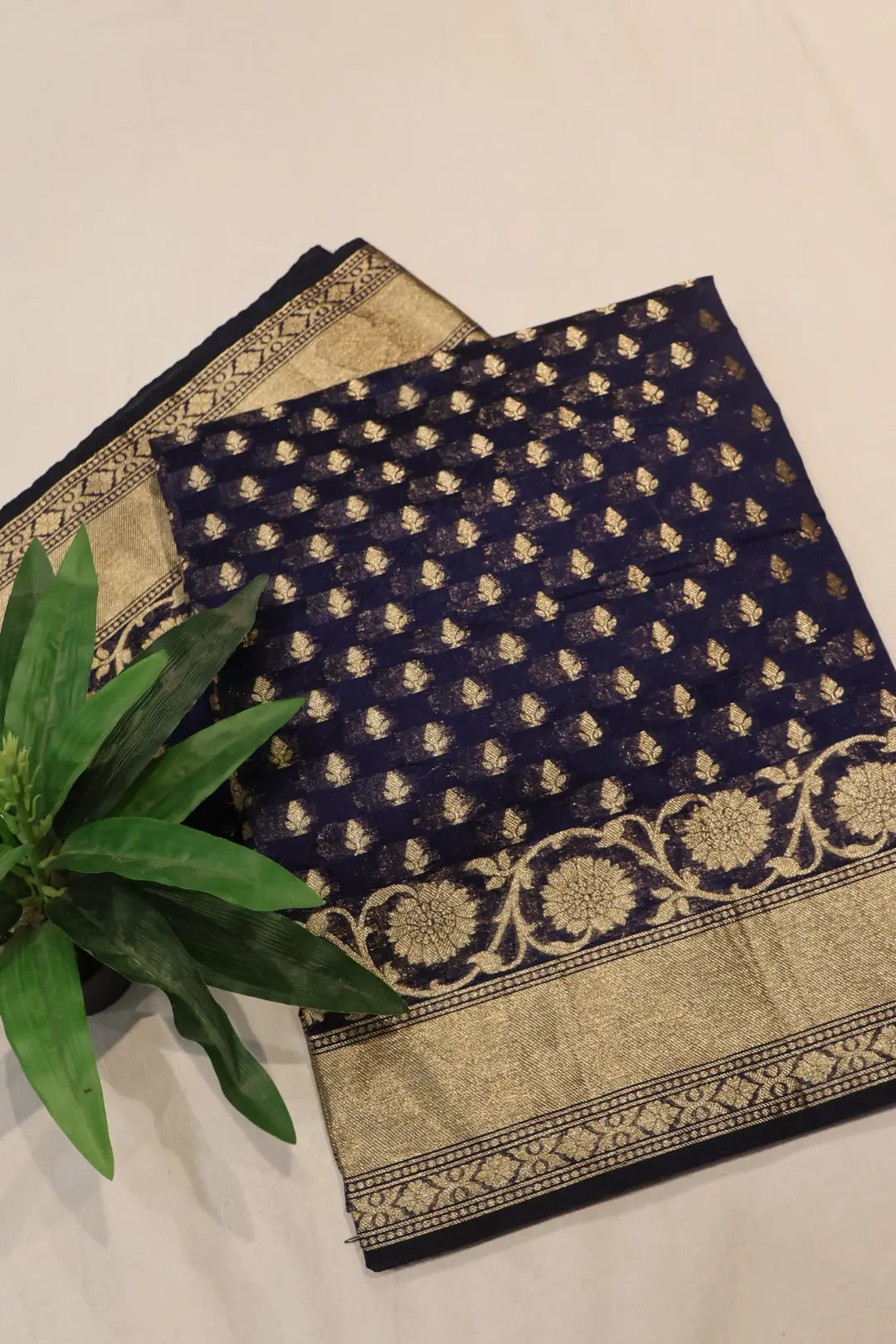Navy Blue Chanderi Silk Banarasi Zari Weaved Saree With Blouse The Banarasee Aura