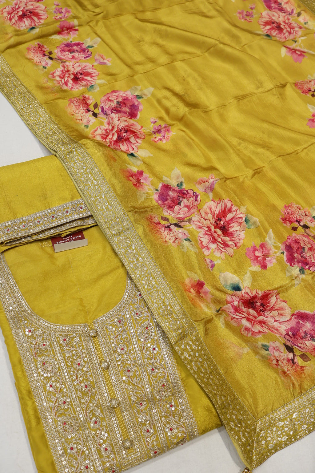 Mustard Uppada Silk Embroidered and Self Woven Unstitched Suit Set With Uppada Silk Digital Printed Dupatta The Banarasee Aura