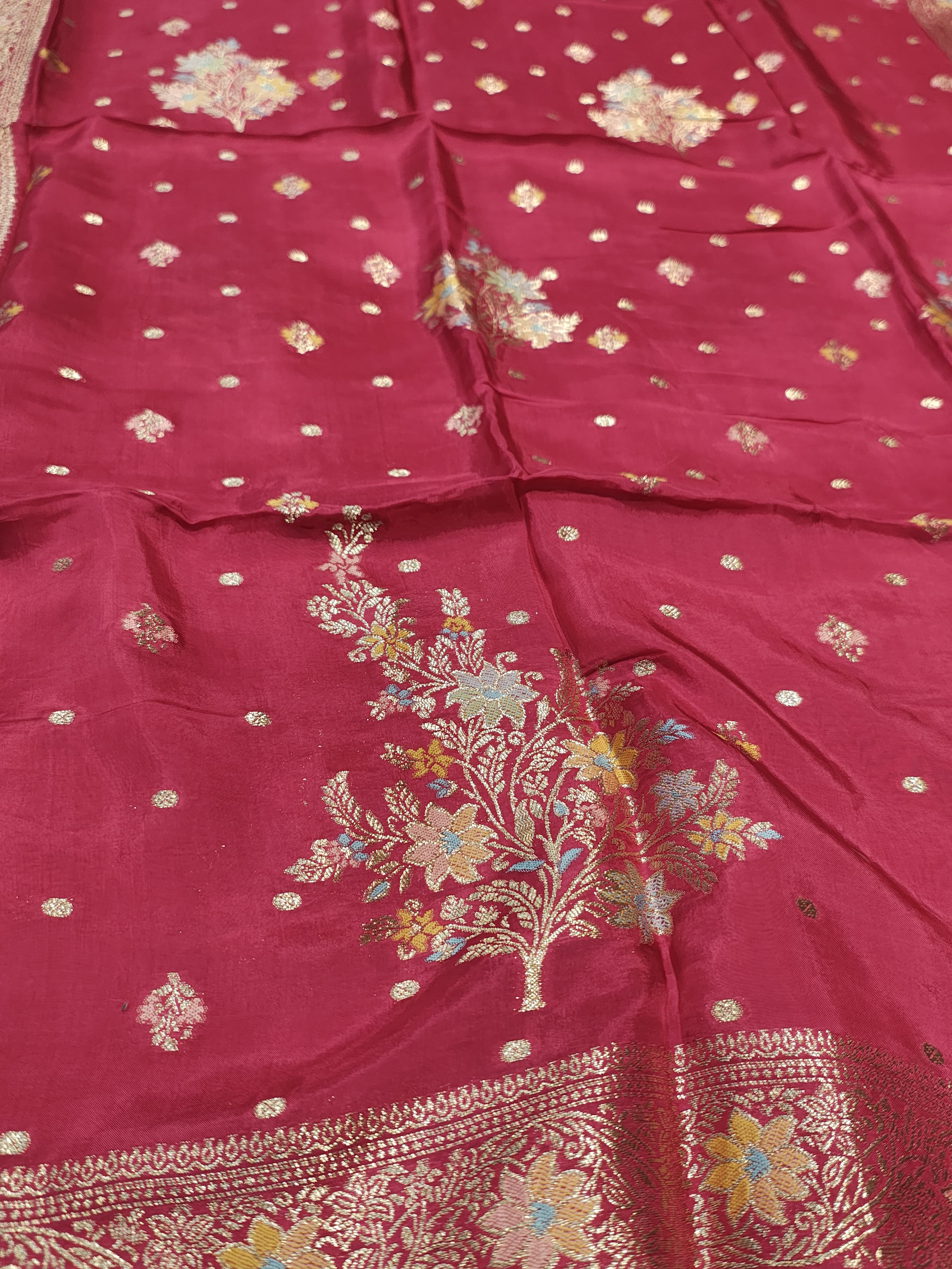Rani Pink Banarasi Satin Silk Blend Meenakri Woven Unstitched Suit Set With Satin Silk Blend Meenakari Woven Dupatta The Banarasee Aura