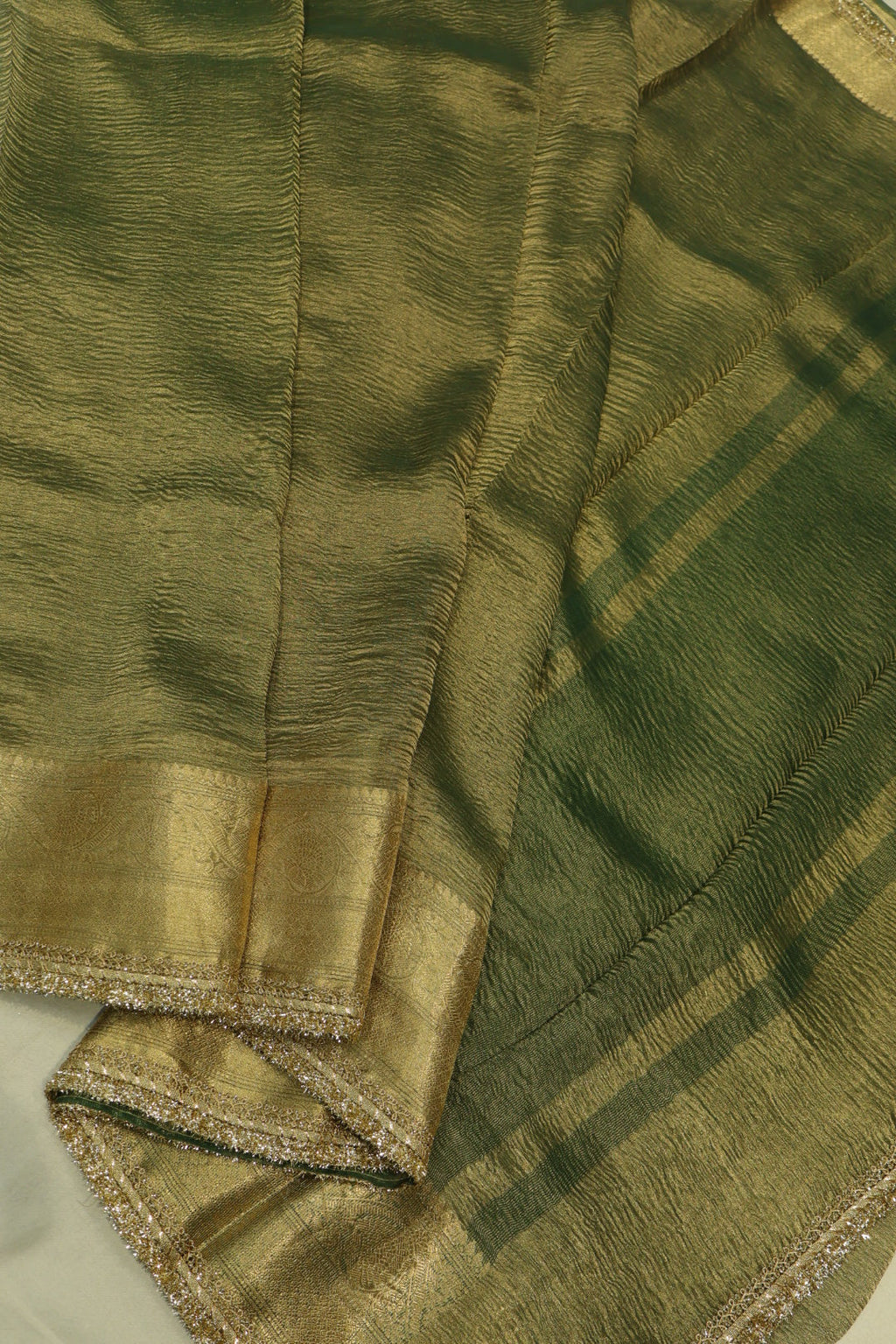 Green Pure Banarasi Crushed Tissue Silk Saree With Blouse The Banarasee Aura