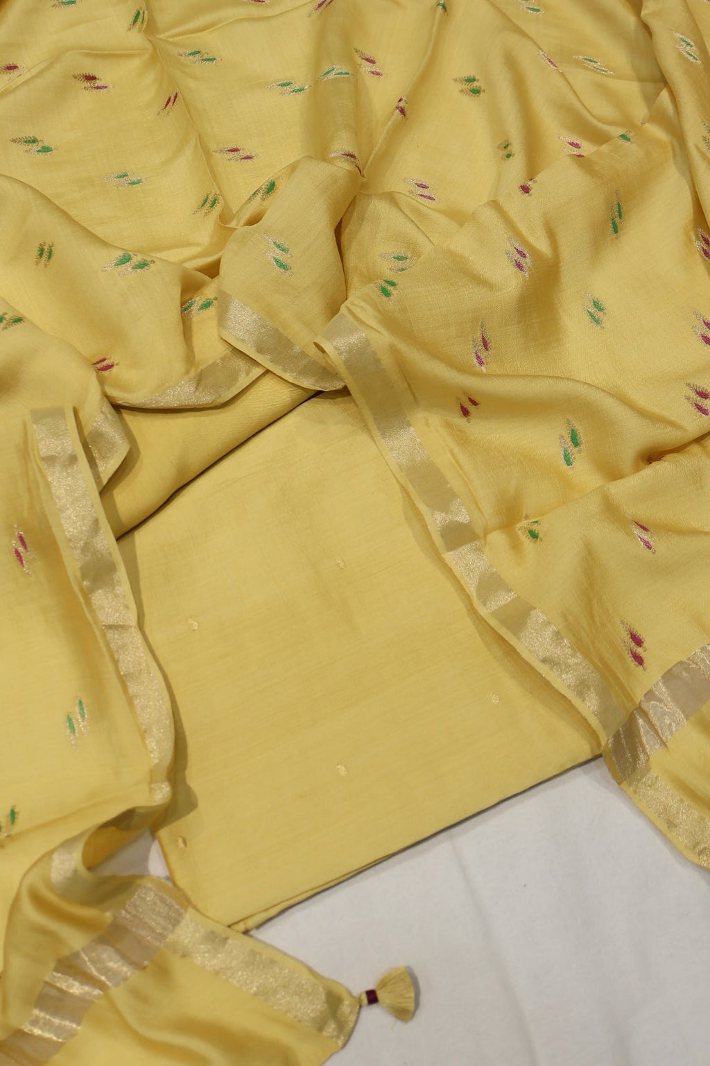 Yellow Banarasi Pure Chiniya Silk Kadhwa Woven Unstitched Suit Set With Pure Chiniya Silk Woven Hand Painted Dupatta The Banarasee Aura