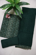 Bottle Green Muslin Printed Unstitched Suit Set With Chiffon Sequins Worked Dupatta The Banarasee Aura
