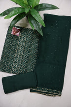 Bottle Green Muslin Printed Unstitched Suit Set With Chiffon Sequins Worked Dupatta The Banarasee Aura