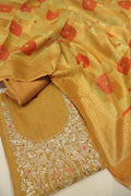 Mustard Chanderi Tissue Hand Embroidered Unstitched Suit Set with Chanderi Tissue Printed Dupatta The Banarasee Aura