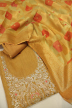 Mustard Chanderi Tissue Hand Embroidered Unstitched Suit Set with Chanderi Tissue Printed Dupatta The Banarasee Aura