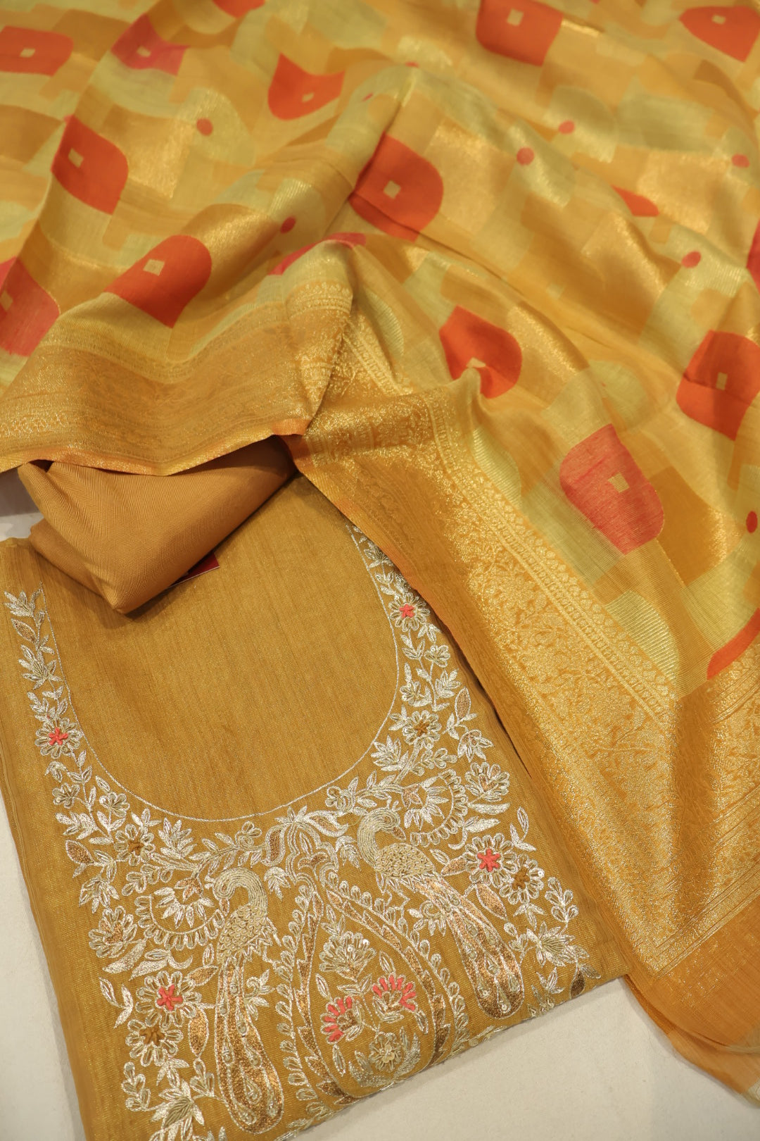 Mustard Chanderi Tissue Hand Embroidered Unstitched Suit Set with Chanderi Tissue Printed Dupatta The Banarasee Aura