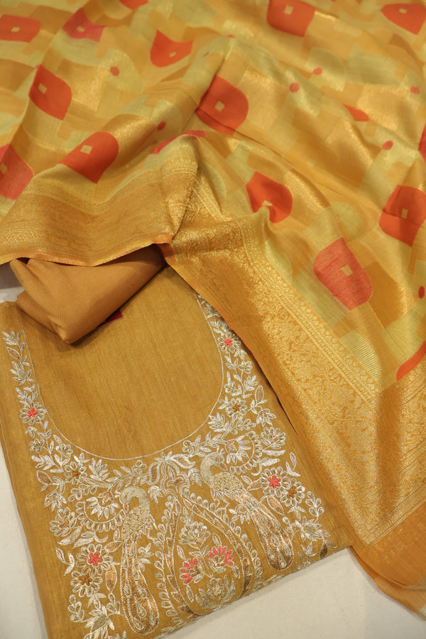 Mustard Chanderi Tissue Hand Embroidered Unstitched Suit Set with Chanderi Tissue Printed Dupatta The Banarasee Aura