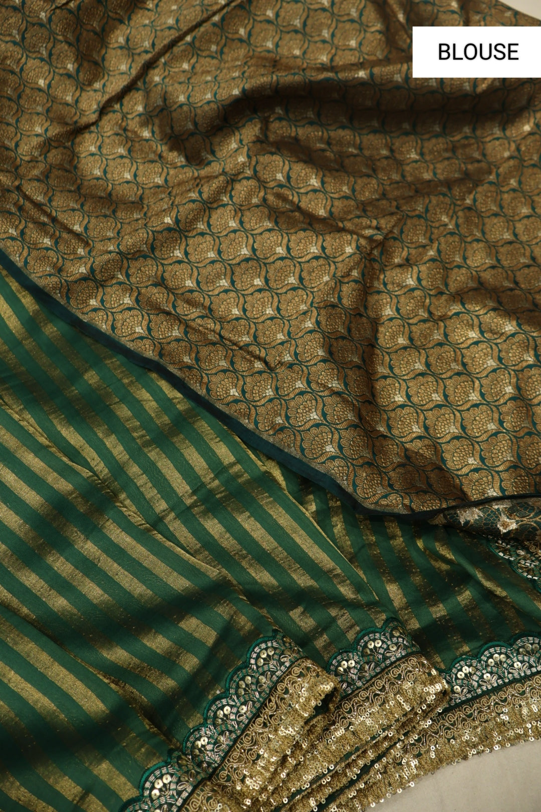 Bottle Green Pure Banarasi Tissue Stripes Saree With Pure Silk Brocade Blouse The Banarasee Aura